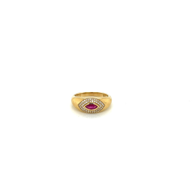 14k yellow gold dome fashion ring with bezel set ruby and diamond frame 0.17ct
