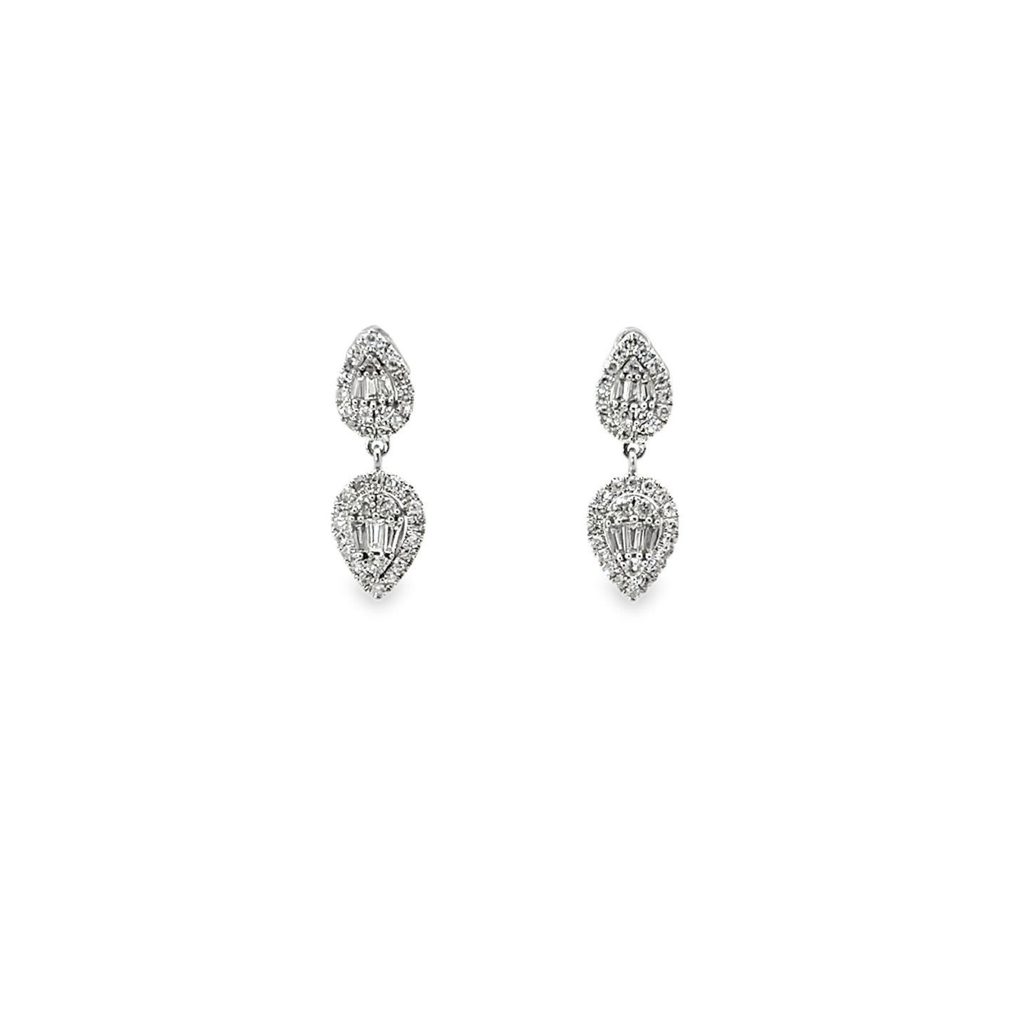 14K White Goldd Fashion Diamond Earrings Containing 12 Baguettes 0.19Ct 78 Round 0.043Ct