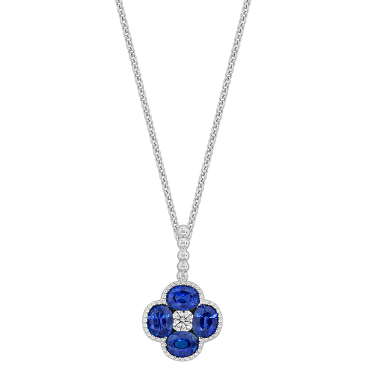 18k white gold diamond and blue sapphire clover pendant 1.51ct