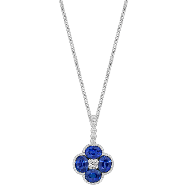 18k white gold diamond and blue sapphire clover pendant 1.51ct