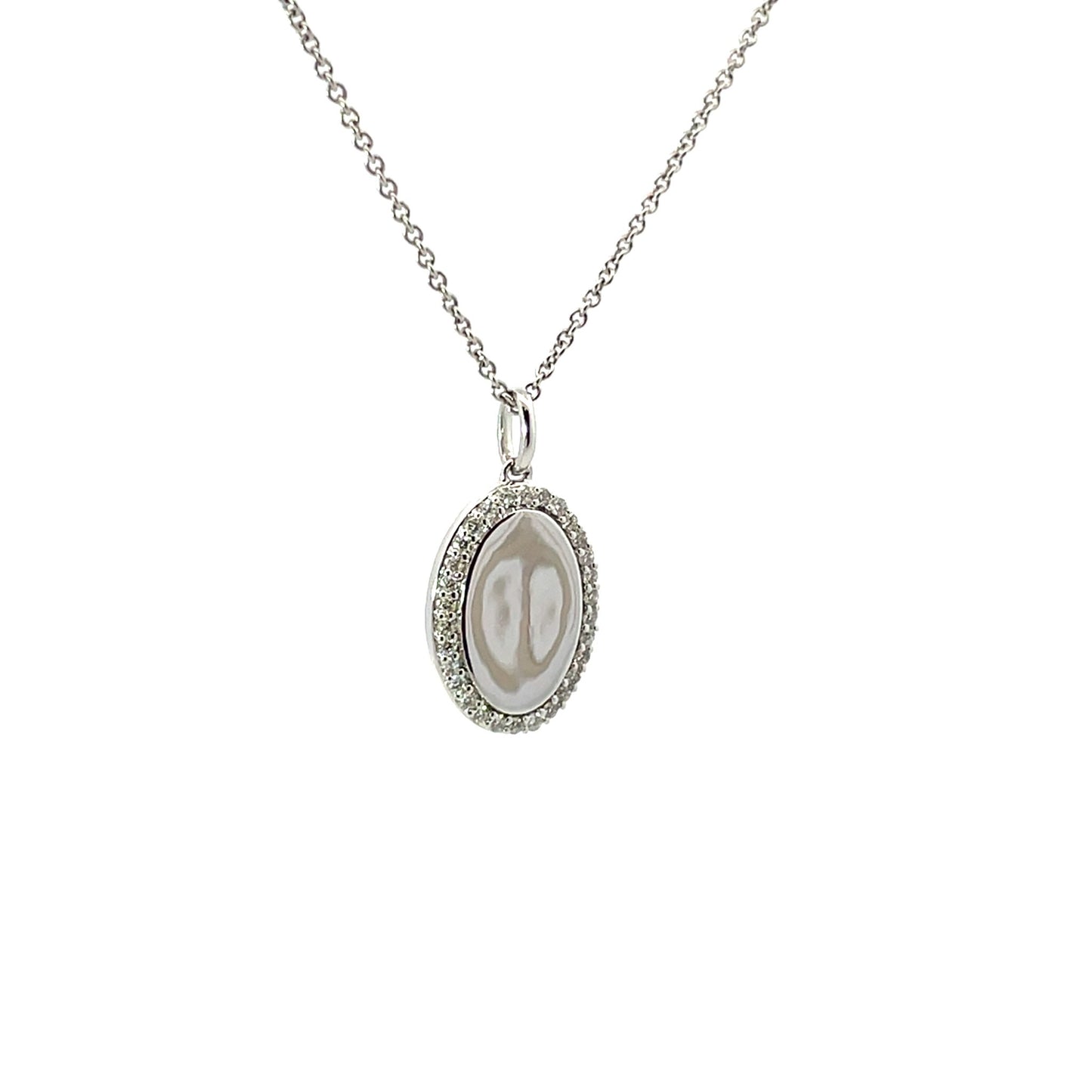 14K White Gold Oval Accented Engravable Pendant Necklace 0.15Ct