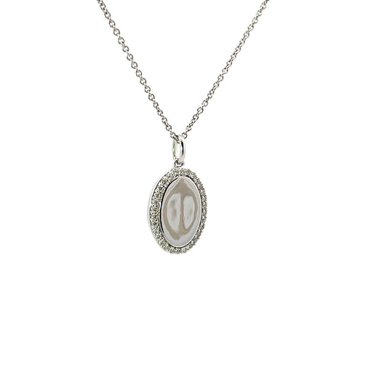 14K White Gold Oval Accented Engravable Pendant Necklace 0.15Ct