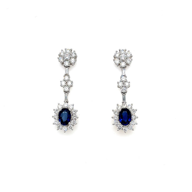 18K WG DIAMOND AND SAPPHIRE EARRINGS WITH DIAMOND FLOWER DROP