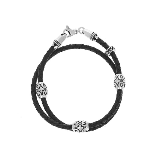 DOUBLE WRAPPED LEATHER BRACELET WITH MB CROSS BARREL BEADS