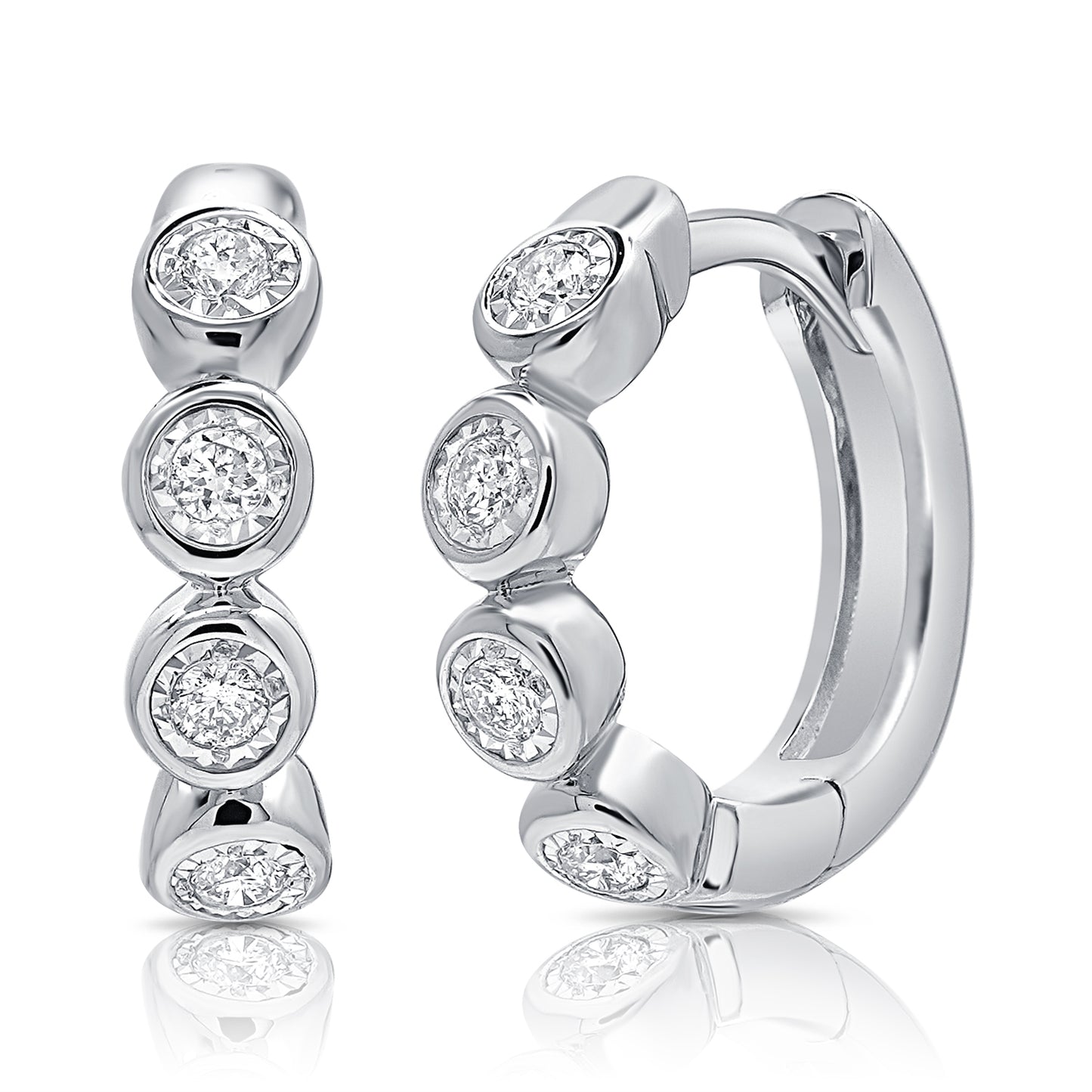 14K White Gold Bezel Diamond Fashion Huggie Hoop Earrings 0.10Ct