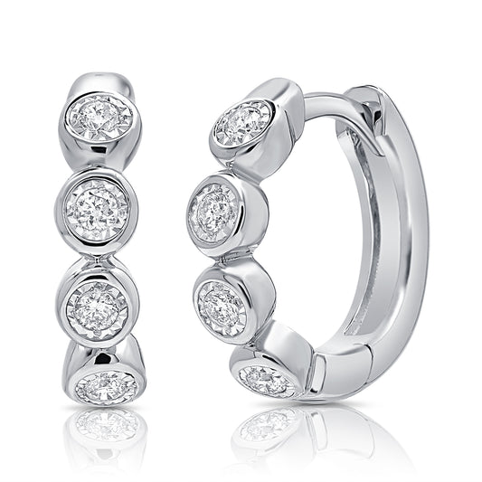 14K White Gold Bezel Diamond Fashion Huggie Hoop Earrings 0.10Ct