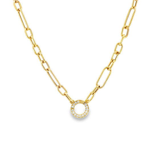 18K Yellow Gold Paperclip Chain Necklace With Pave Diamond Snap Bale 0.13Ctw