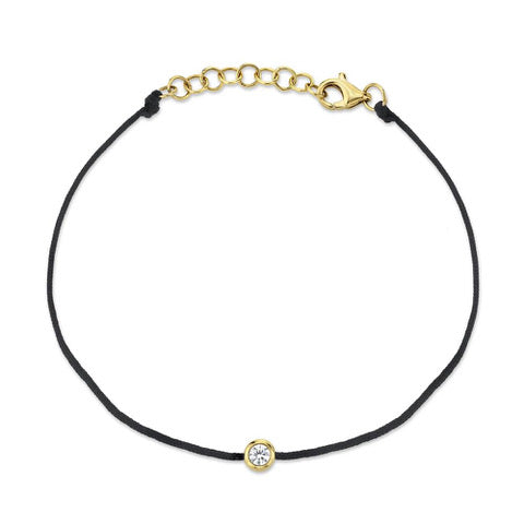 Yellow Gold Diamond Bezel Black Cord Bracelet