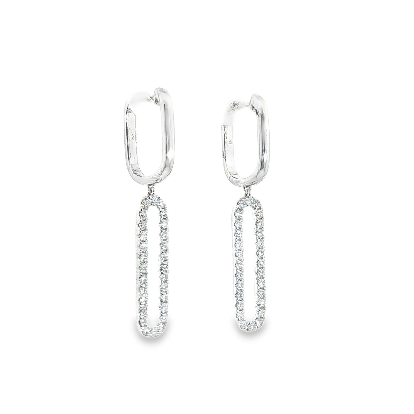 14K White Gold Paper Clip Dangle Earrings With Diamonds
