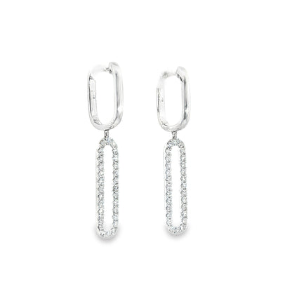 14K White Gold Paper Clip Dangle Earrings With Diamonds