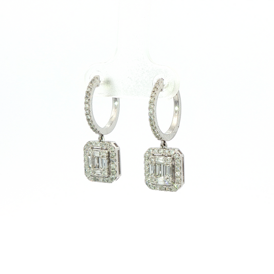 14K White Gold Emerald And Round Diamond Drop Hoop Earrings 1.18Ctw