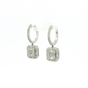 14K White Gold Emerald And Round Diamond Drop Hoop Earrings 1.18Ctw