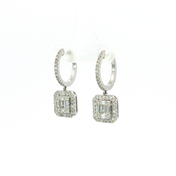 14K White Gold Emerald And Round Diamond Drop Hoop Earrings 1.18Ctw