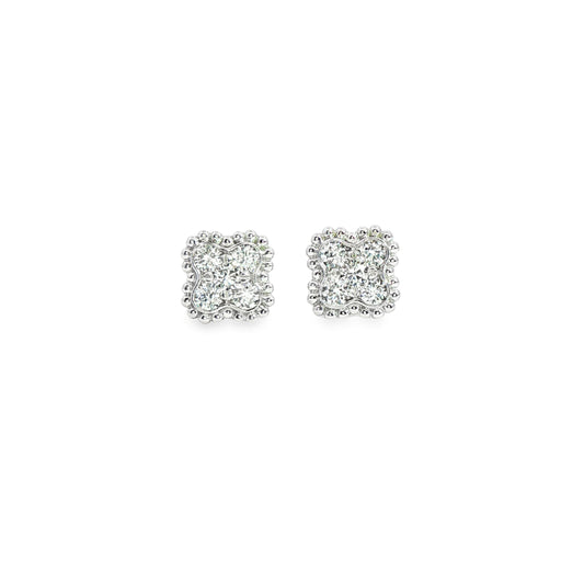 14K White Gold 4 Leaf Diamond Custer Stud Earrings 0.48Ctw
