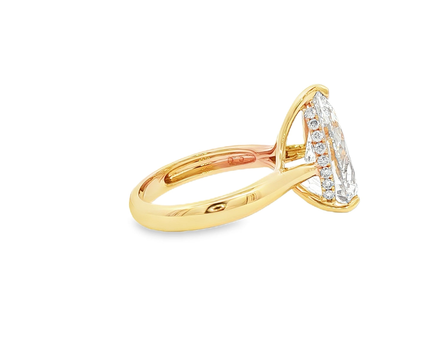 14K Yellow Gold Cathedral Lab Diamond Pear Cut Engagement Ring With Diamond Hidden Halo