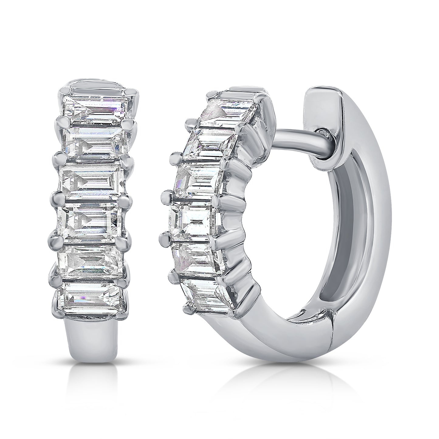 14K Wg Small Diamond Hoops With Diamond Bagettes Bd= 0.39Ct