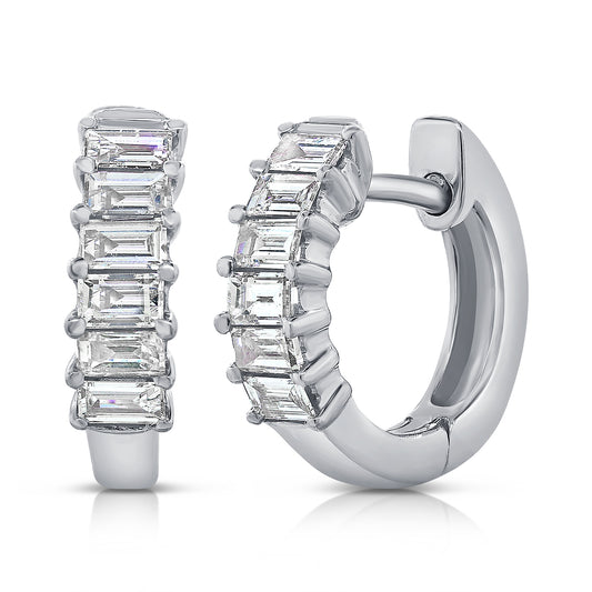 14K Wg Small Diamond Hoops With Diamond Bagettes Bd= 0.39Ct