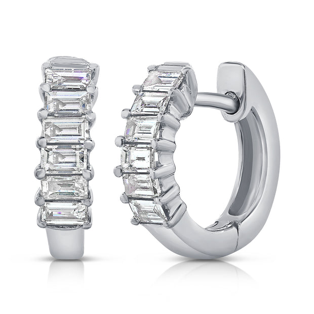 14K Wg Small Diamond Hoops With Diamond Bagettes Bd= 0.39Ct
