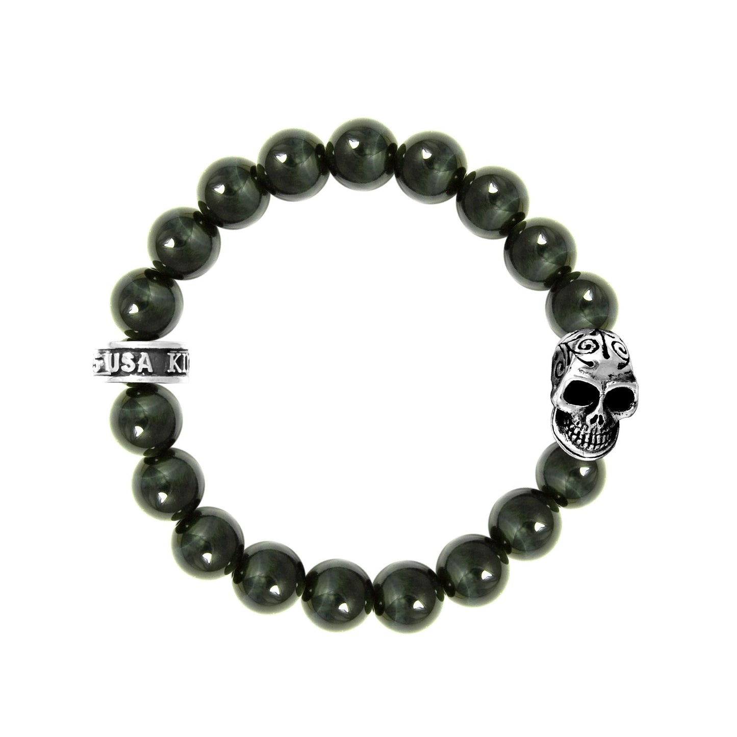 10MM BLUE TIGER EYE BRACELET WITH DOTD SKULL