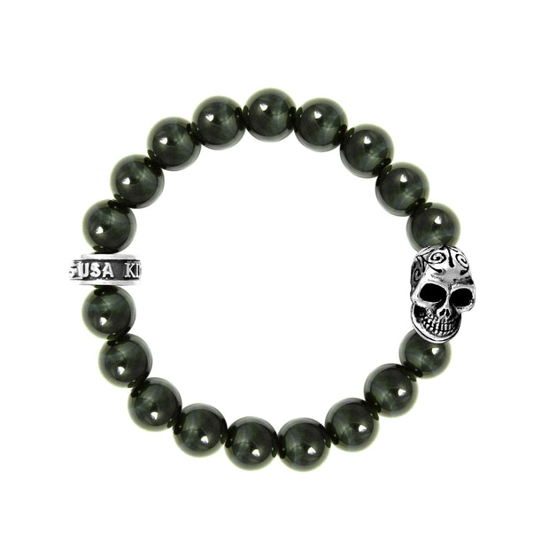 10MM BLUE TIGER EYE BRACELET WITH DOTD SKULL