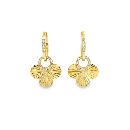 14K Yellow Gold Diamond Hoop Earrings With Flutted Clovers 0.16Ctw