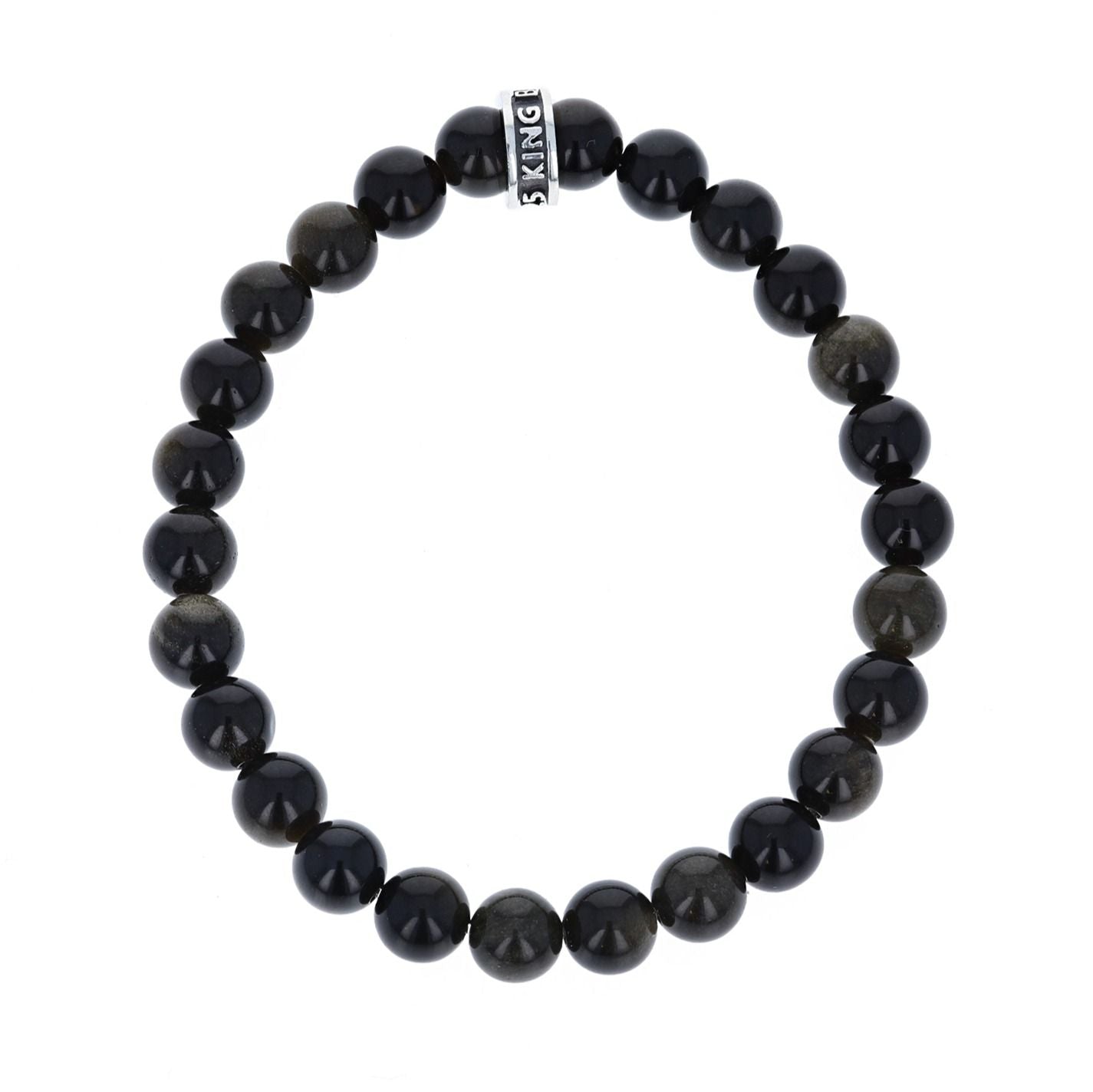 8MM BLACK OBSIDIAN PLAIN BEADED BRACELET WITH LOGO RING