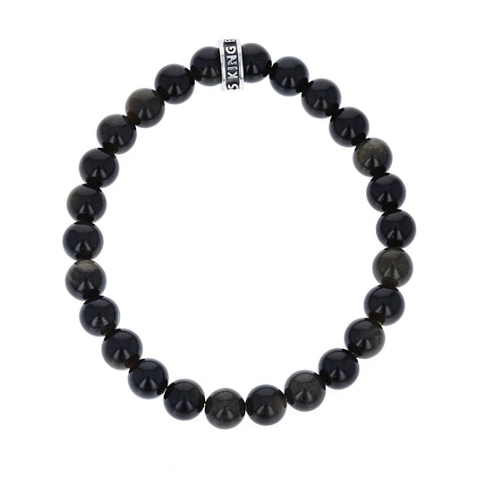 8MM BLACK OBSIDIAN PLAIN BEADED BRACELET WITH LOGO RING