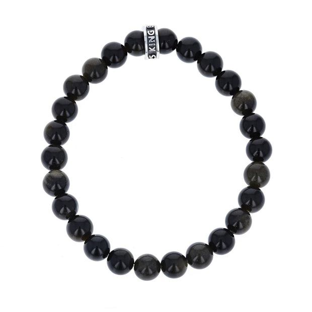 8MM BLACK OBSIDIAN PLAIN BEADED BRACELET WITH LOGO RING