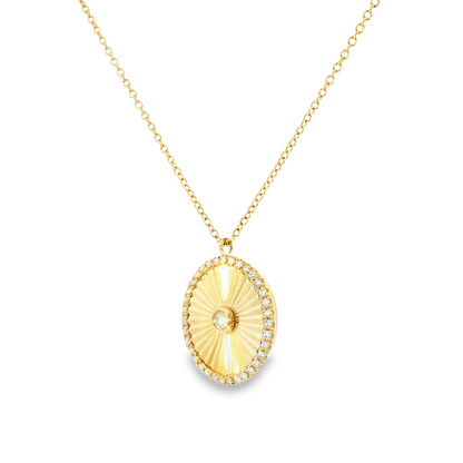14K Yellow Gold Diamond Ribbed Circle Pendant Necklace