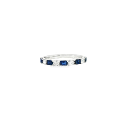 18K White Gold Alternating Blue Sapphire Bagguete And Oval Diamond Ring