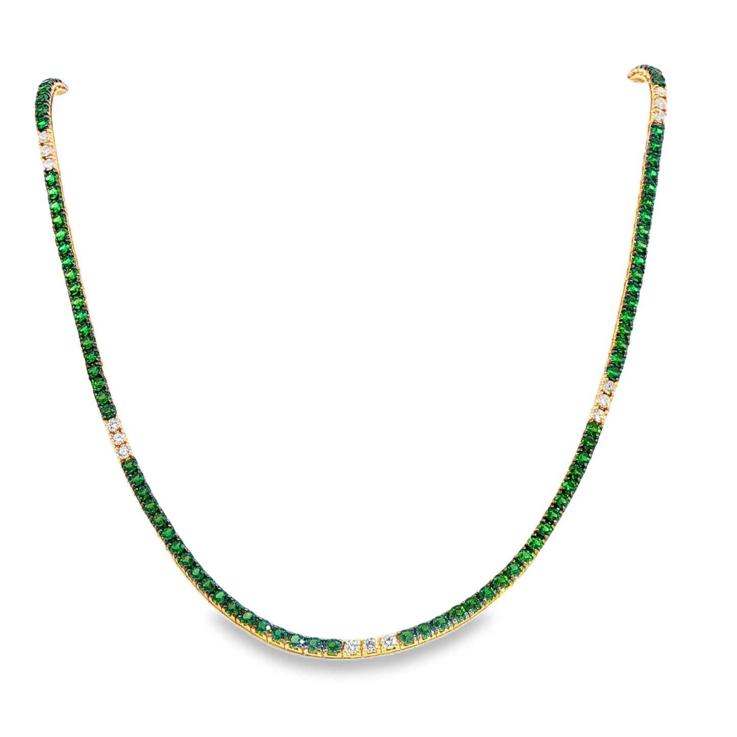 18K Yellow Gold Tsavorite Garnet And Diamond Line Necklace