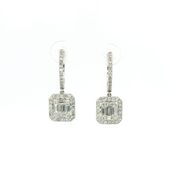 14K White Gold Emerald And Round Diamond Drop Hoop Earrings 1.18Ctw