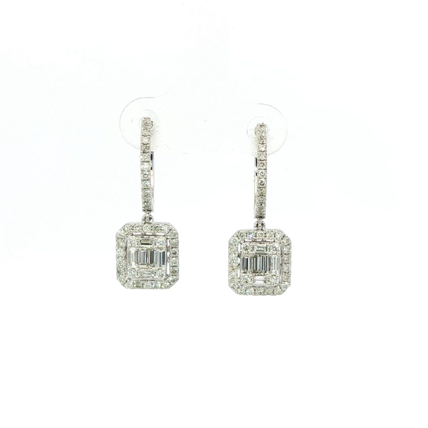 14K White Gold Emerald And Round Diamond Drop Hoop Earrings 1.18Ctw