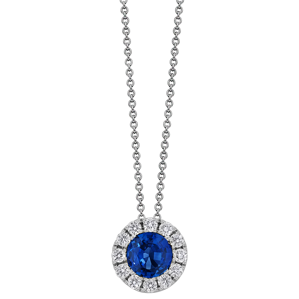 18k white gold blue sapphire and diamond pendant 0.40ct
