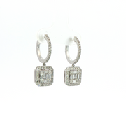 14K White Gold Emerald And Round Diamond Drop Hoop Earrings 1.18Ctw