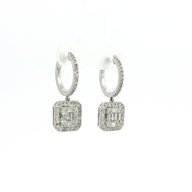 14K White Gold Emerald And Round Diamond Drop Hoop Earrings 1.18Ctw