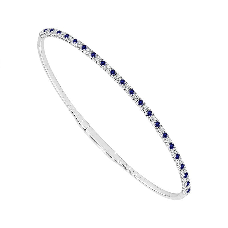 14K White Gold Alternating Diamond And Blue Sapphire Flex Bracelet 0.25Ctw Size 6"