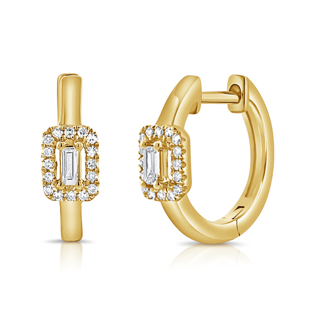 14K Yg Small Diamond Hoops With 2 Diamond Baguette Bd= 0.07Ct  And Rd=0.09Ct