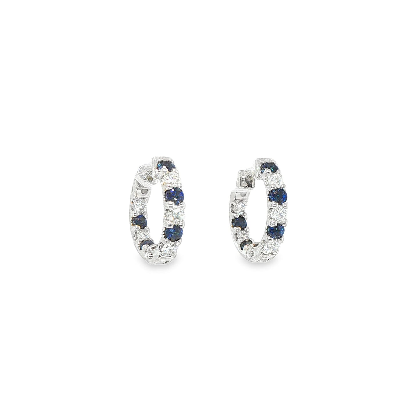 14K White Gold Alternating Diamond And Blue Sapphire Round Hoop Earrings 16Mm