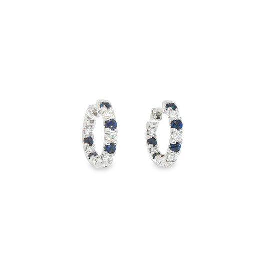 14K White Gold Alternating Diamond And Blue Sapphire Round Hoop Earrings 16Mm