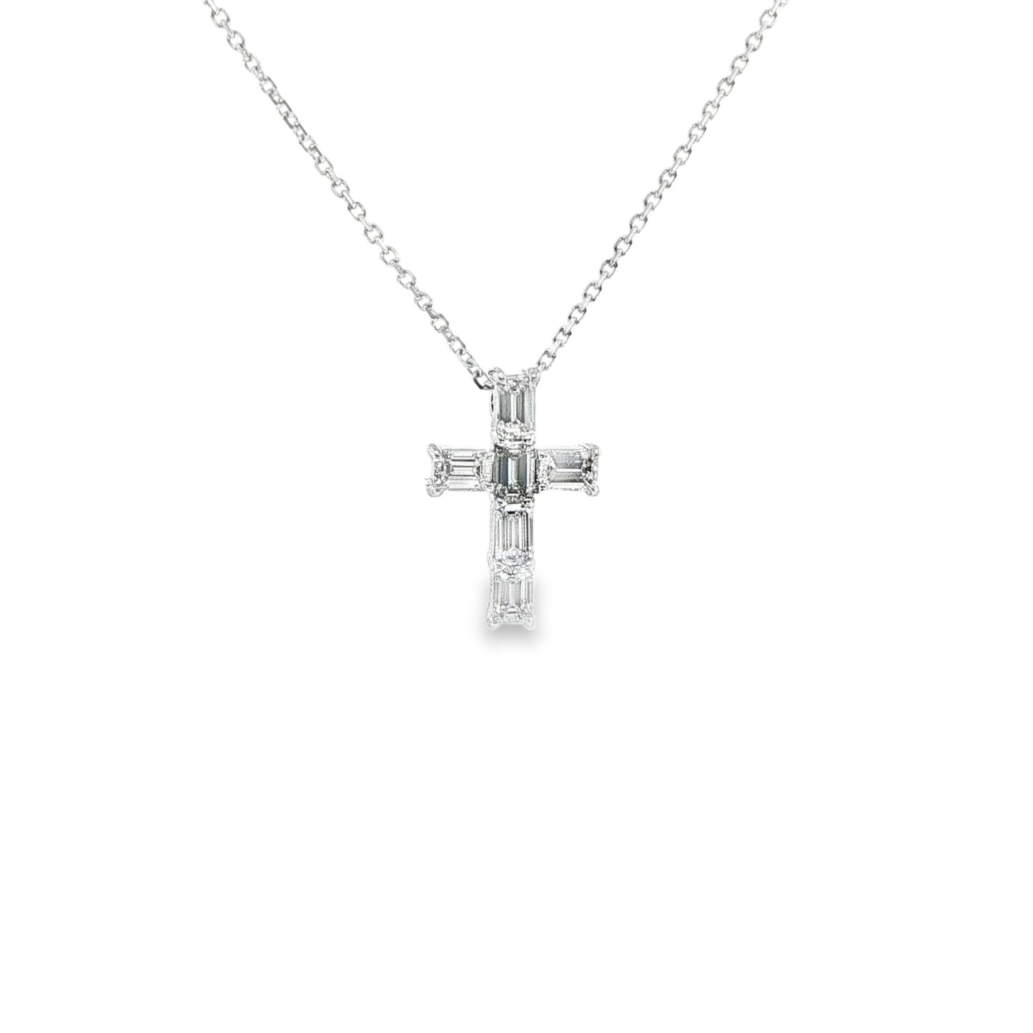 18K White Gold Natural Diamond Cross 0.71Ctctw Containing 6 Emerald Cut Diamonds On 16" Chain F/G Vs2