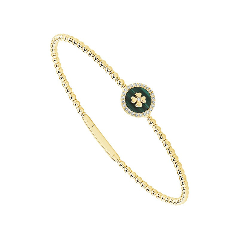 14K Yellow Gold Flex Bangle Single Stations Diamond And Malachite