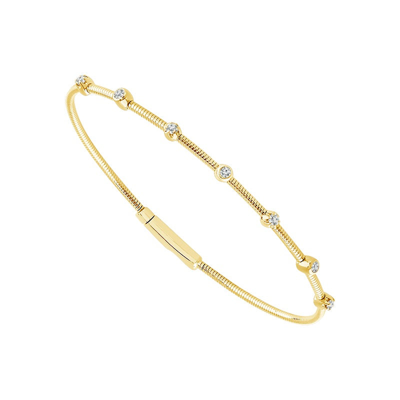 14K Yellow Gold 7 Station Alternating Prong And Bezel Set Flex Bracelet 0.16Ctw Size 6.75"