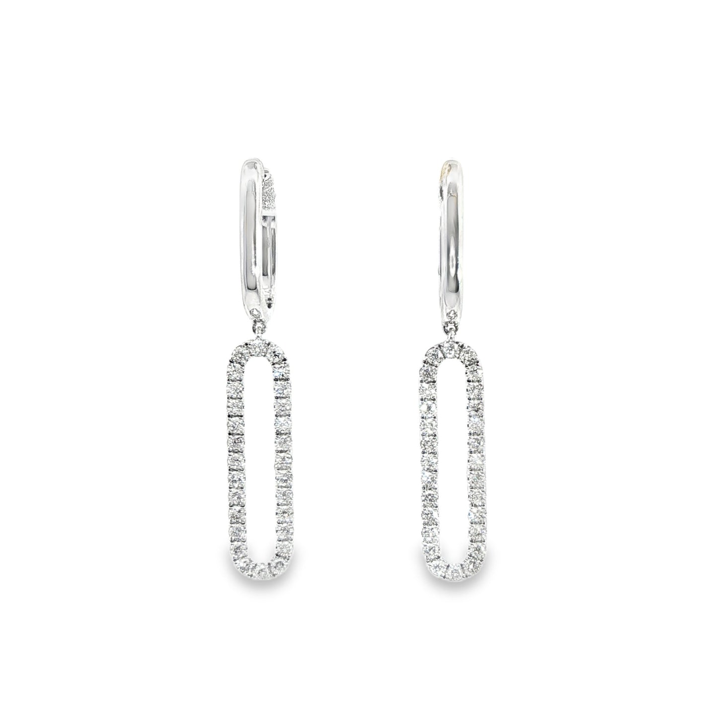 14K White Gold Paper Clip Dangle Earrings With Diamonds