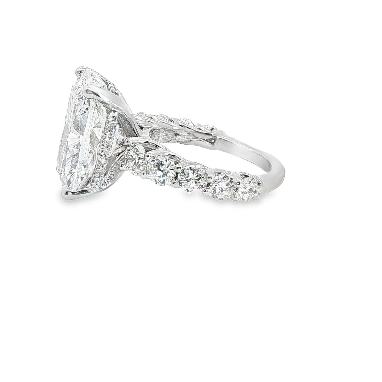 Custom 14K White Gold Cushion Cut Diamond Graduating Engagment Ring