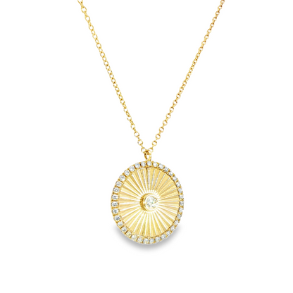 14K Yellow Gold Diamond Ribbed Circle Pendant Necklace