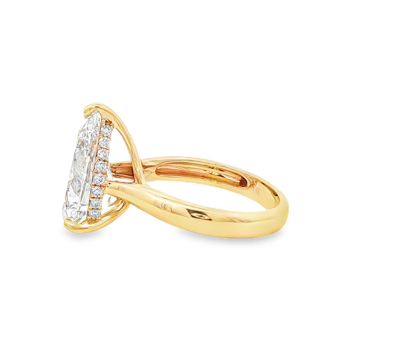 14K Yellow Gold Cathedral Lab Diamond Pear Cut Engagement Ring With Diamond Hidden Halo