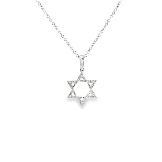 18K White Gold Diamond Star  Of David Pendant Necklace 0.07Cttw