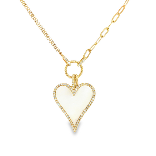 14K Yellow Gold Diamond And Mother Of Pearl Heart Paperclip Link Necklace D 0.20Ctw And Mp 2.07Ct