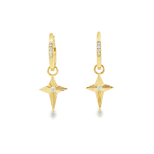 14K Yellow Gold Diamond Hoop Earrings With Flutted Stars 0.12Ctw